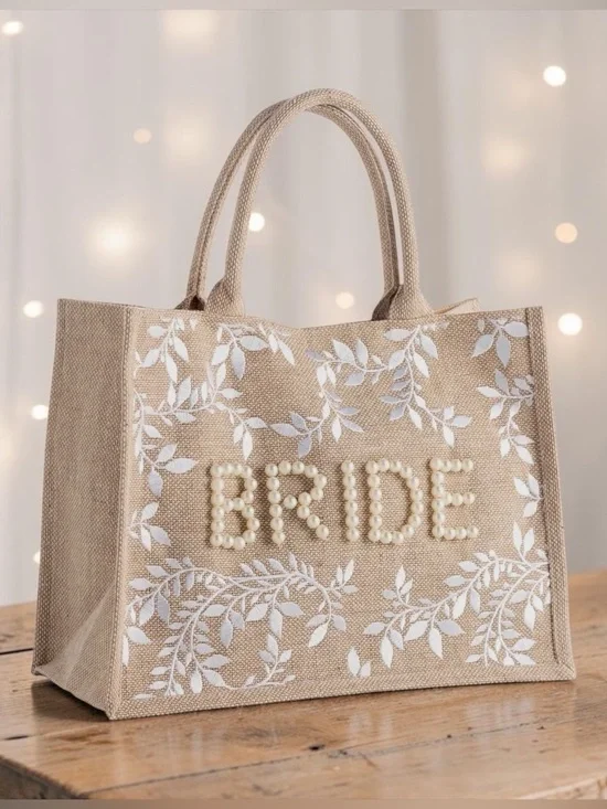 Shiraleah Natural Jute Bride Tote with Pearl Lettering