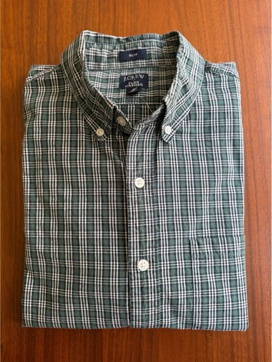 J.Crew Slim Fit Flex Washed Green & Blue Plaid Button-Down Shirt - Size L