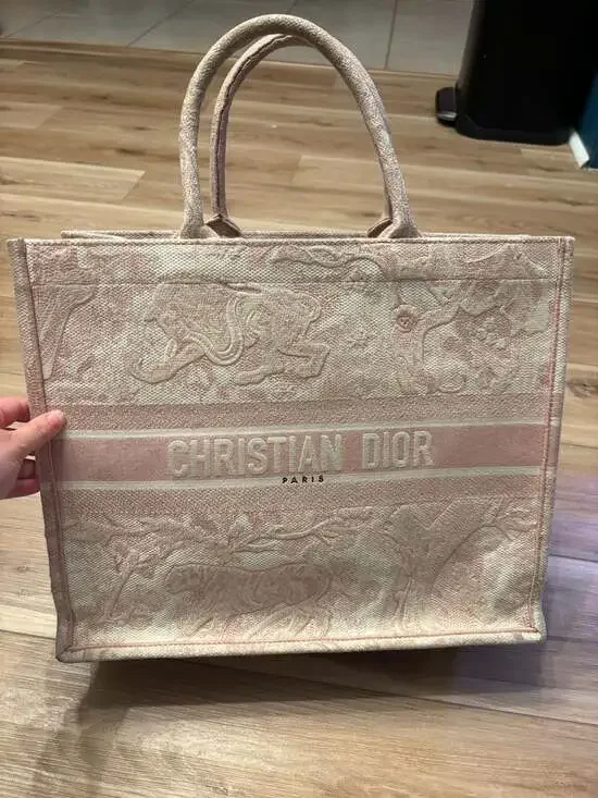 Christian Dior Medium Toile de Jouy Jungle Tote Pink White Embroidered Canvas