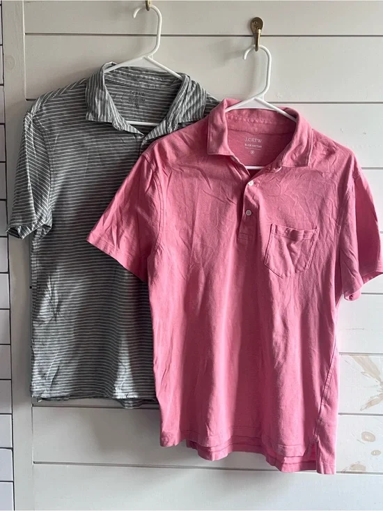 2 J. Crew Men’s Polos in Salmon and Black and White Stripe with Chest Pocket