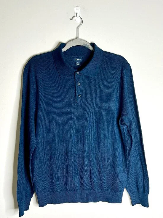 J. Crew Navy Merino Wool-Blend Sweater-Polo Preppy Academia Lightweight M NWT