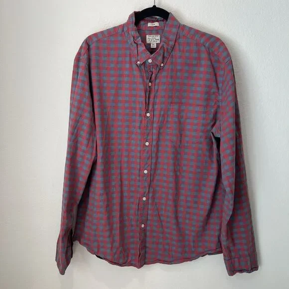J Crew Button Down Shirt Mens XL Slim Fit Red Blue Plaid Long Sleeve Organic
