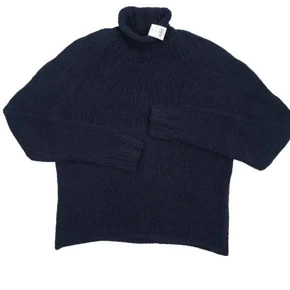 NEW Vintage J Crew Hand Knit Sweater!  Navy  Mock Turtleneck  Rolled Bottom Hem