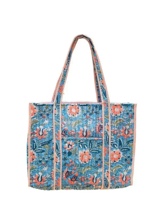 Peach Wildflowers Quilted Block-Printed Tote