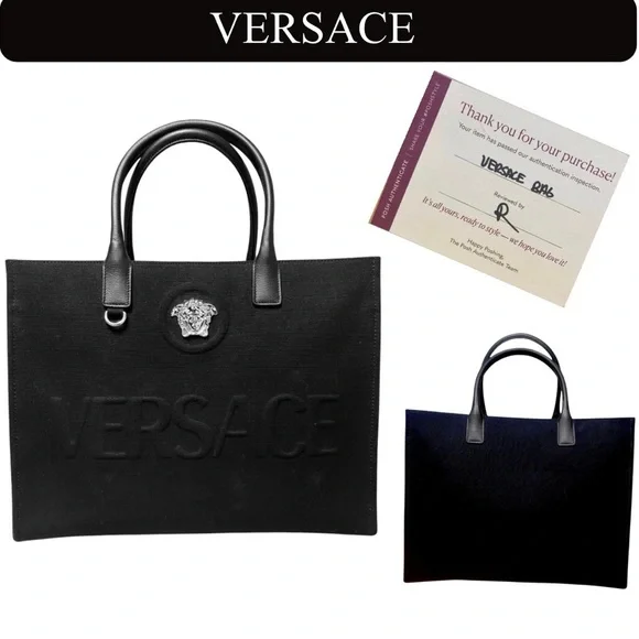 VERSACE Black Large Tote Bag w/Silver Medusa and Branded Dust Bag, EUC
