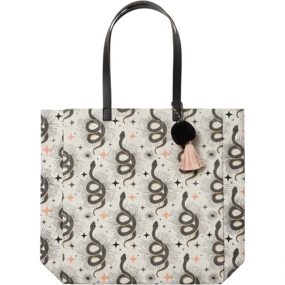 NWOT Celestial Snake Print Canvas Tote Bag Tassel Charm Boho Shoulder Bag
