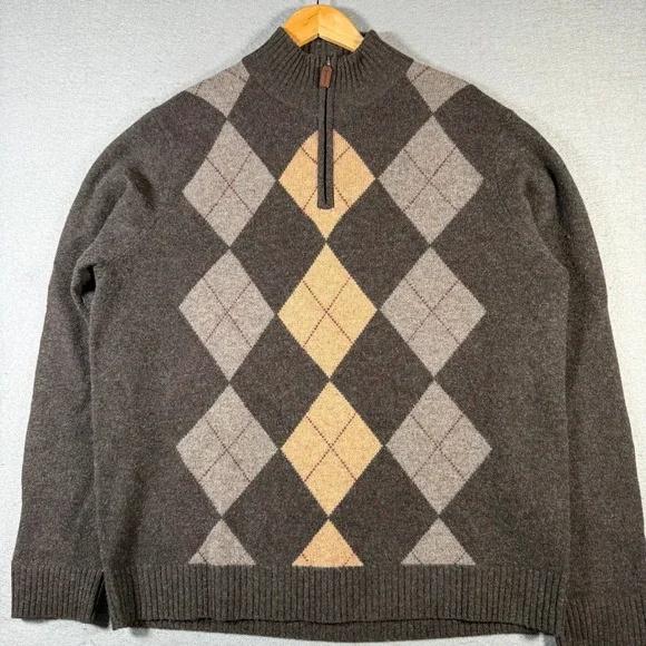 Vintage J Crew Mens Argyle‎ Quarter Zip Sweater Wool XL Brown Tan Gray