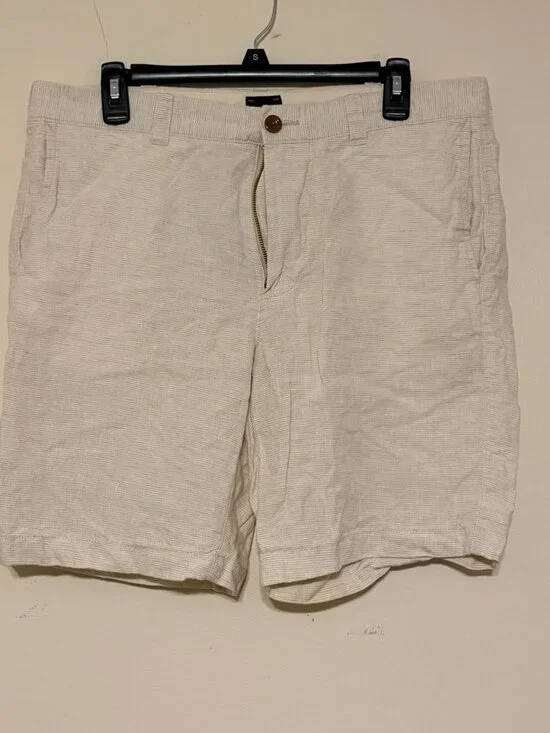 Men's J. Crew Ivory Beige Thin Stripe 100% Linen Flat Front Shorts 33 Waist