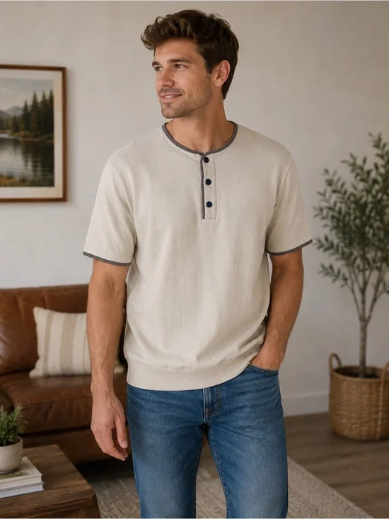 J.Crew Vintage Fleece Henley Sweatshirt Short Sleeve Cream Medium Heritage