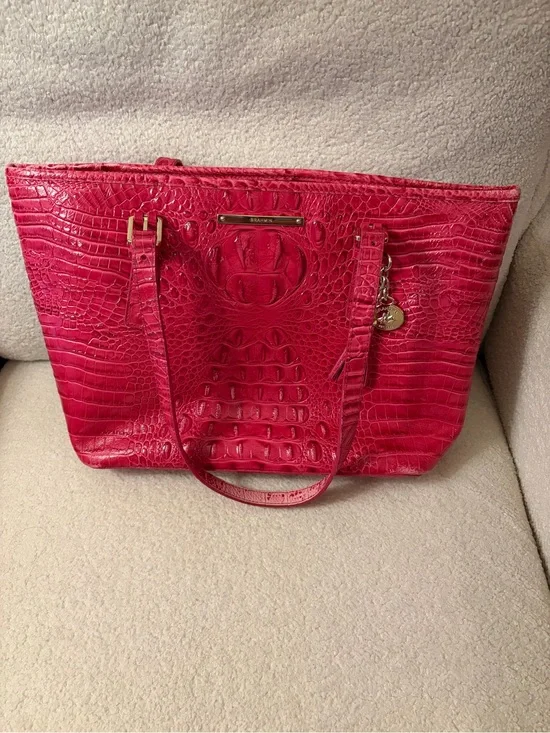 Brahmin Fuchsia Croc-Embossed Leather Tote with Gold Hardware