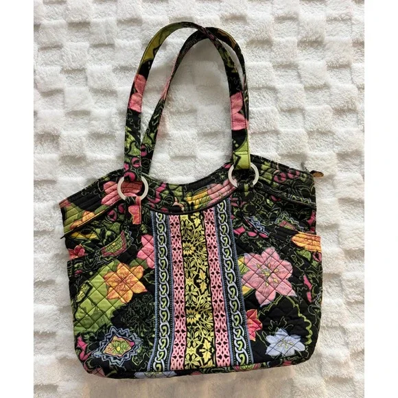 Marie by Giftcraft Quilted Floral Tote Bag Black/Pink/Green Shoulder Bag LG EUC