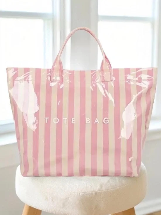 Pink & Cream Striped Glossy PVC Tote Bag | Beach Pool Travel Carryall