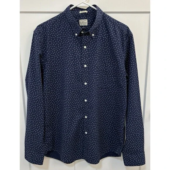 J Crew Men’s Button Down Long Sleeve Shirt Blue With White Flowers Size Large