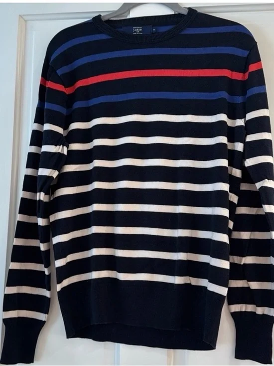 J. Crew Navy Striped Crewneck Sweater with Red & Blue Accents
