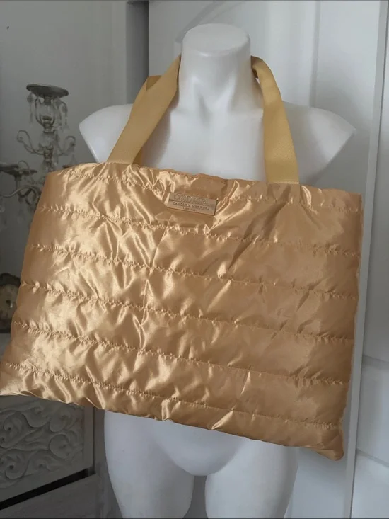 Carolina Herrera Metallic Gold Quilted Tote with Yellow Webbed Handles