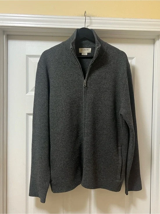 J. Crew Men’s Dark Charcoal Gray Full Zip Wool Mock Neck Sweater