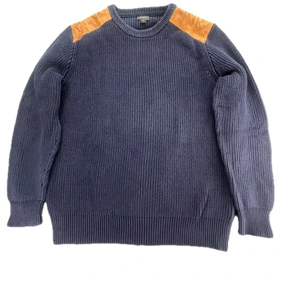 J Crew Mens Navy Blue Military Sweater‎ Suede Shoulder Patches Knit XL