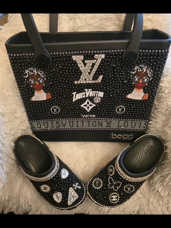 Embellished Black Tote with Matching Clogs