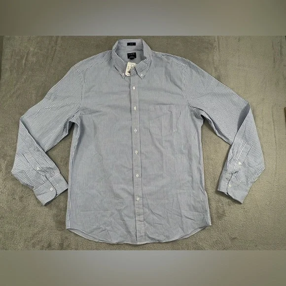 NEW J Crew L Slim Flex Washed Men's Blue White Striped Classic Long Sleeve Shirt