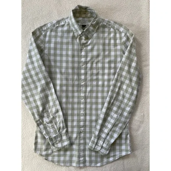 J.Crew Mens Small Secret Wash Button Down Shirt Green Gingham Check Slim Stretch