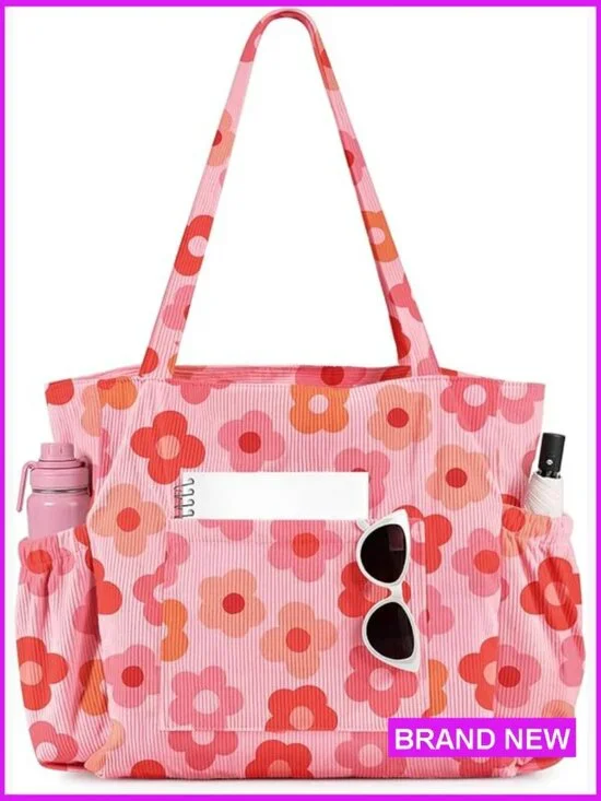 Large Corduroy Tote Bag with Zipper Multi-Pocket Shoulder Hobo for Women