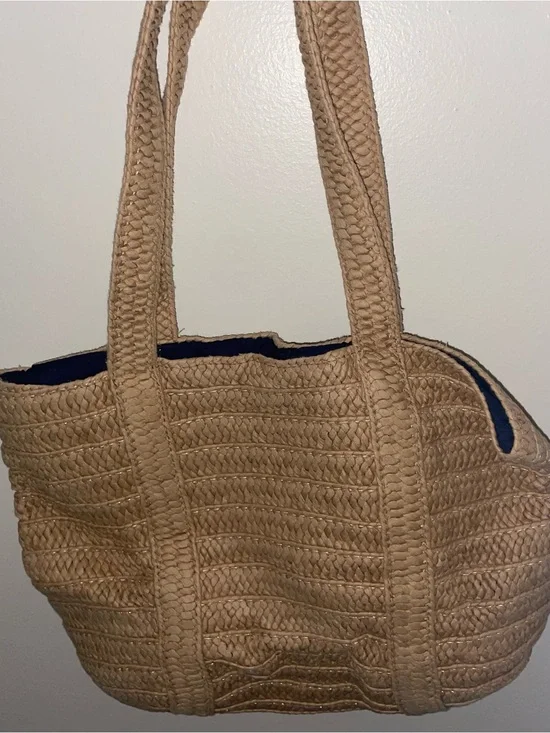 Draper James Natural Woven Straw Everyday Tote Bag – Navy Blue Lined