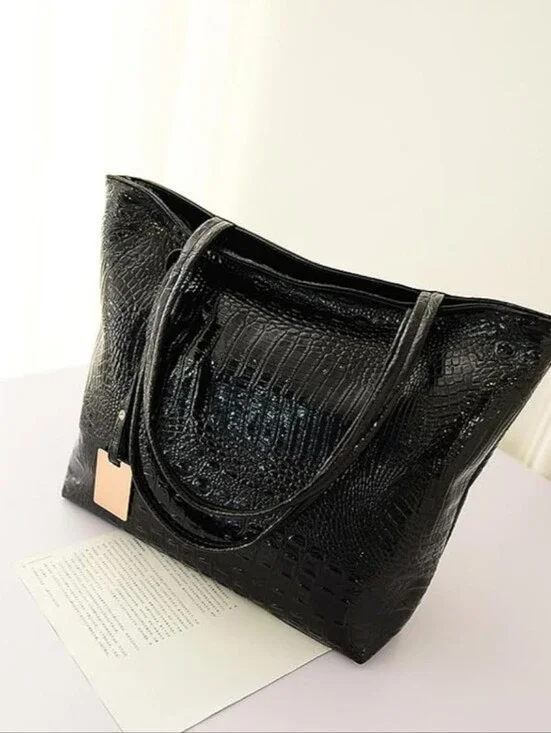 Black Croc-Embossed Tote Bag - Women