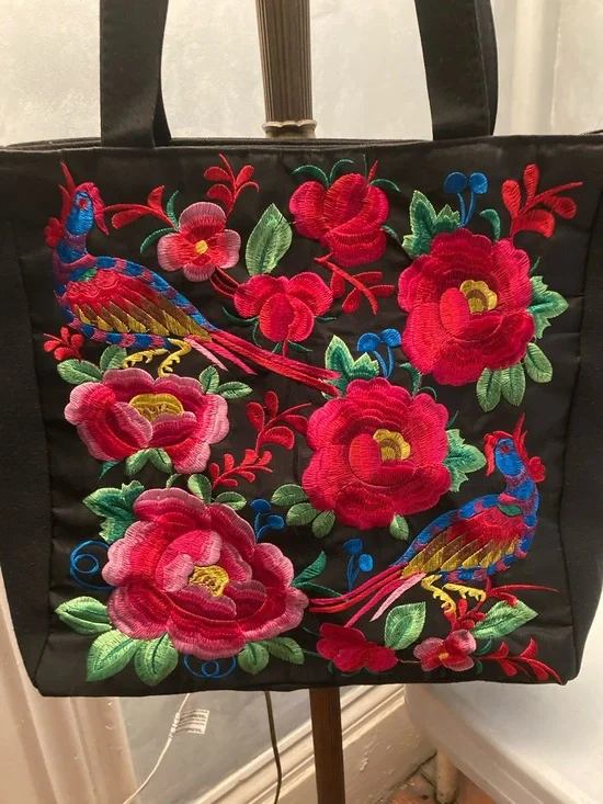 Peruvian Styled Embroidered Tote Bag with Pink & Red Flowers