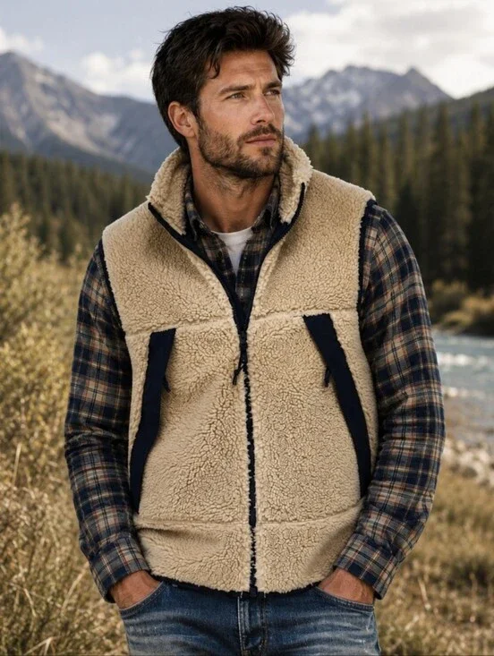 J.Crew Nordic Vest Men's Sherpa Fleece Cream Zip Front Warm Lined Size M