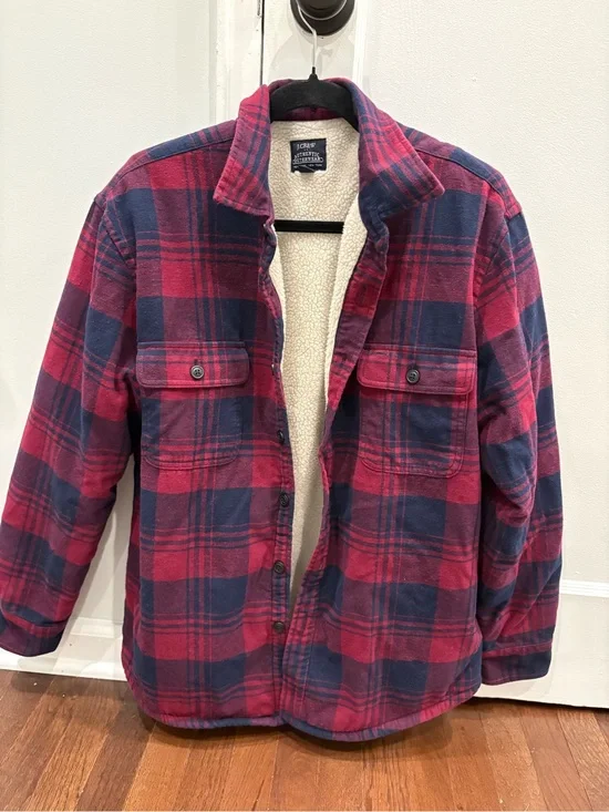 J.Crew Men’s Sherpa Lined Flannel Shirt Jacket Plaid Red Navy Medium Shacket