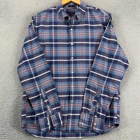 J Crew Flex Oxford Button Down Shirt Men Large Blue Plaid Slim Fit Pocket Casual