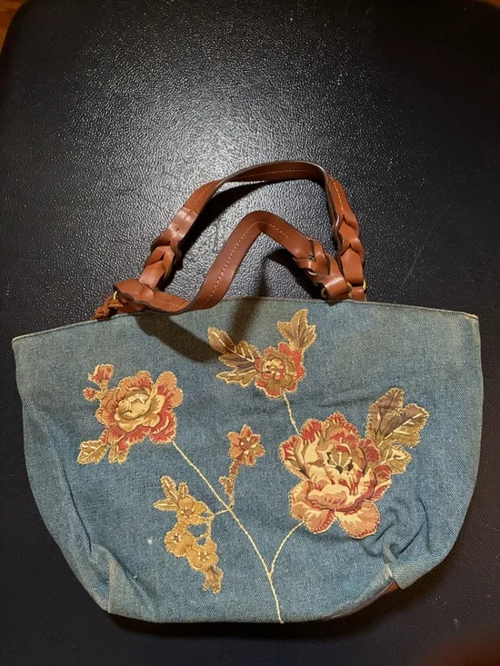 Fossil Denim Tote with Brown Leather Handles and Floral Embroidery