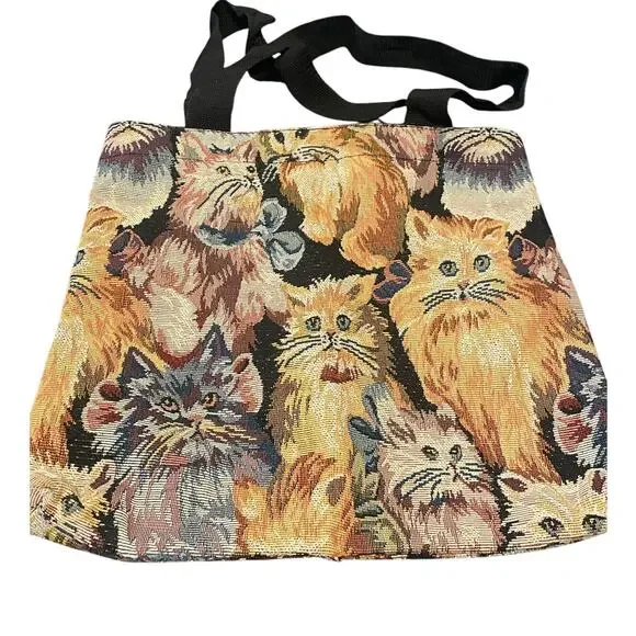 Vintage Cat Tapestry Tote Bag Woven Animal Print Shoulder Bag‎ Multicolor