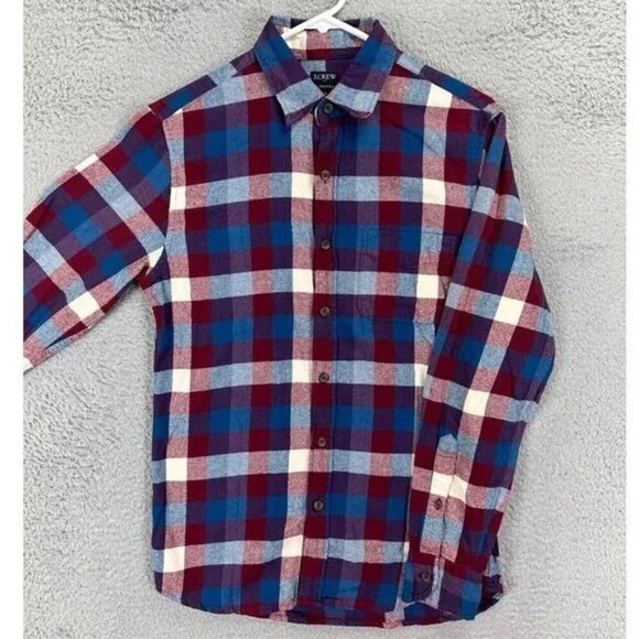 J Crew Flannel Shirt Adult Small Red Blue Plaid Button Up Long Sleeve Cotton Men