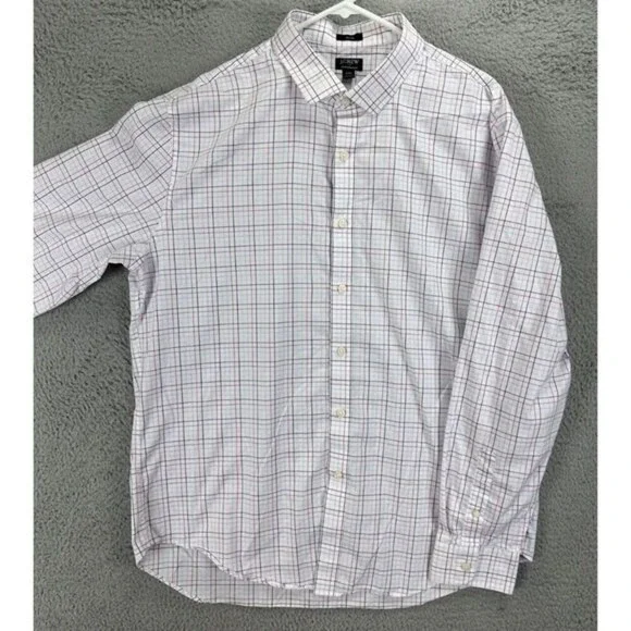 J Crew Button Up Shirt Adult 2XL White Plaid Performance Slim Long Sleeve Mens