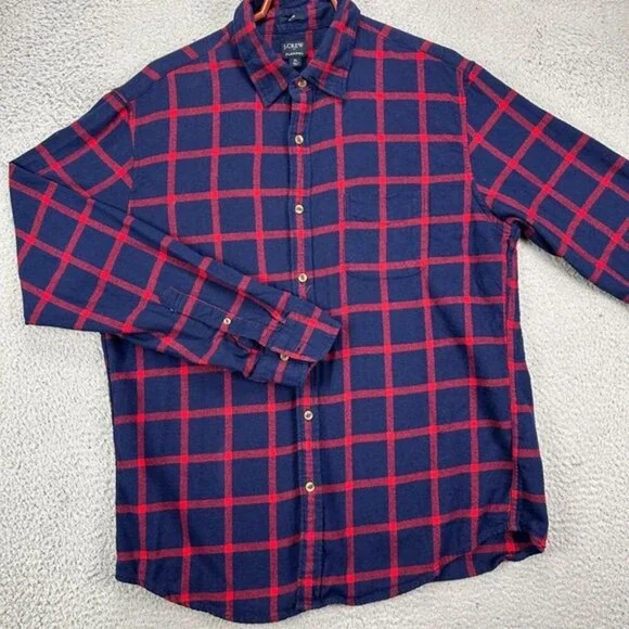 J Crew Flannel Shirt Adult XL Navy Red Plaid Slim Button Up Casual Pocket Mens
