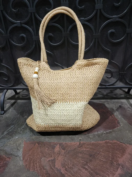 Natural Two-Tone Straw Tote with Tassel