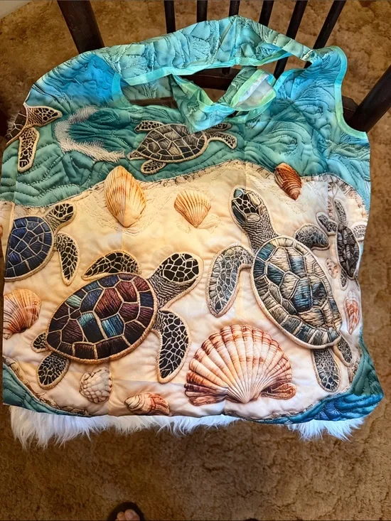 Sea Turtle Quilted Tote Bag in Aqua and Sand w/ small bag included.