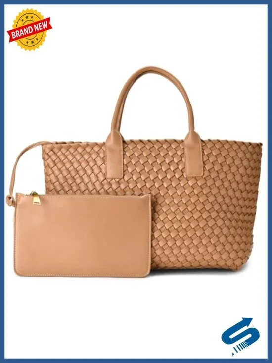 Woven Vegan Leather Tote Bag for Women, Satchel Handbag with Pouch, Fits 14