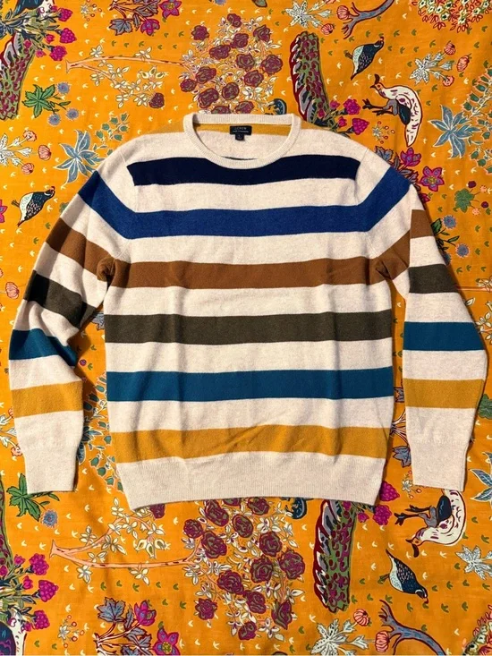 J.Crew 100% Cashmere Striped Crewneck Sweater Men’s Large Blue Brown Cream