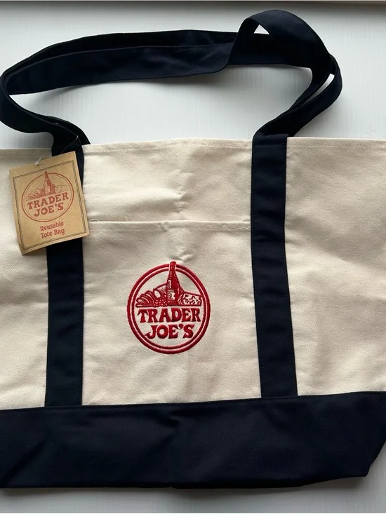Trader Joe's Canvas Tote Bag in Natural and Black with Red Logo