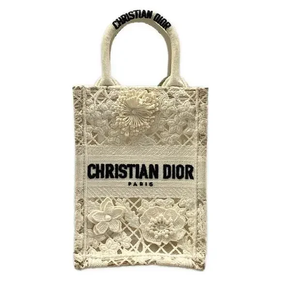 Christian Dior Book Tote Mini Phone Bag Tote Bag White Black Cotton Leather