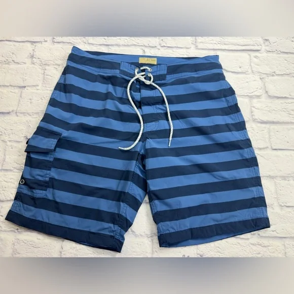 J. Crew Men’s Horizontal Stripe Swim Board Shorts in Navy & Sky Blue. Size 32/M.