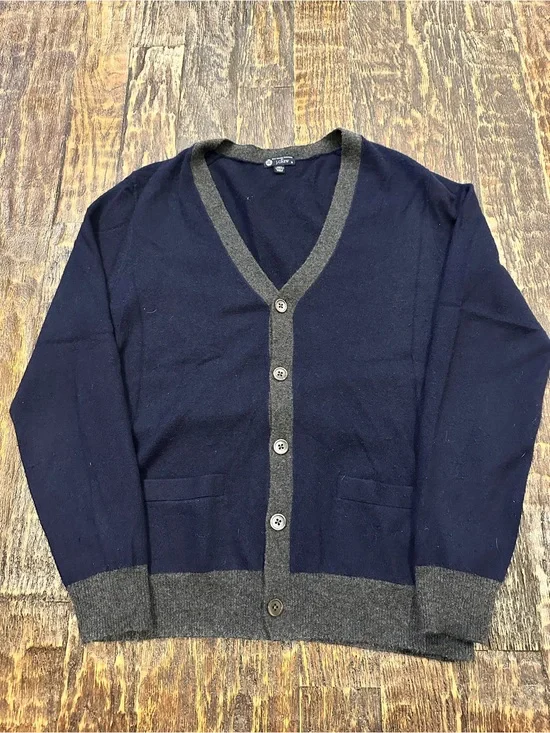 J. Crew 100% cashmere men’s Navy Cardigan with Gray Trim
