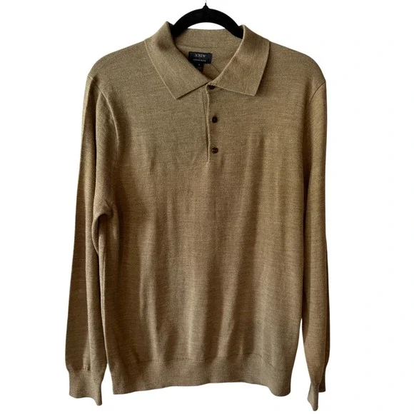 J.Crew Merino Wool Blend Knit Polo Sweater Tan Beige Men's Medium Classic