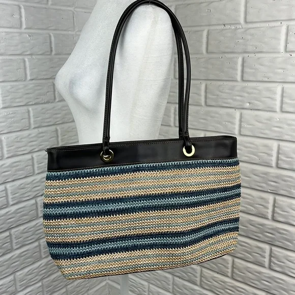 CHARTER CLUB CLASSICS STRIPE WOVEN VEGAN LEATHER ZIP TOP TOTE