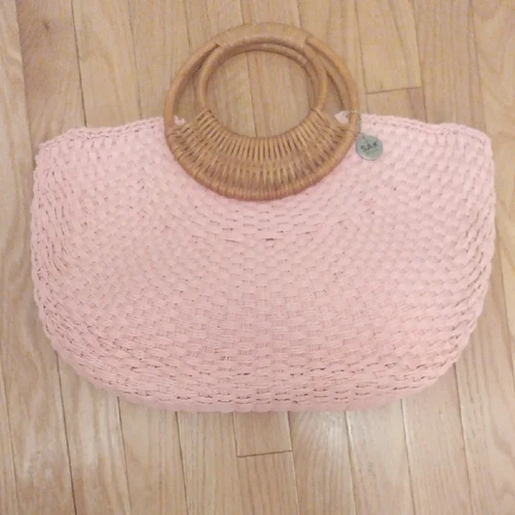 The Sak Pink and Brown Woven Tote with Bamboo Handles