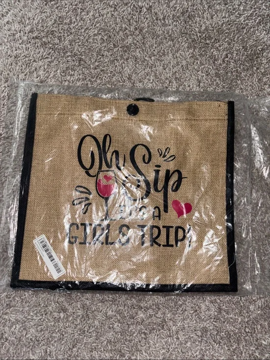 Oh Sip It's A Girls Trip Jute Tote Bag - Natural & Black with Pink Accents