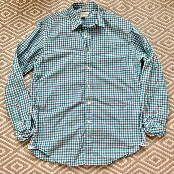 J. Crew Plaid Gingham Striped Blue Long Sleeve Button Down Shirt Men's Large