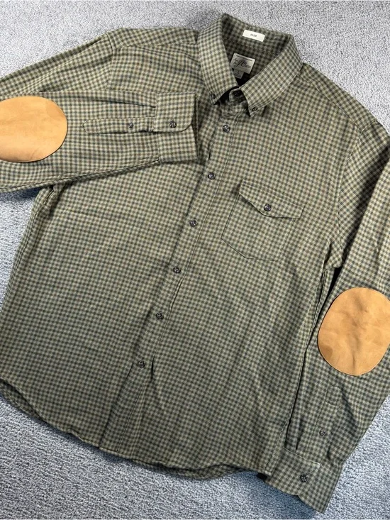 J Crew Houndstooth Flannel Shirt Mens Large Olive Green Plaid Elbow Patches Slim